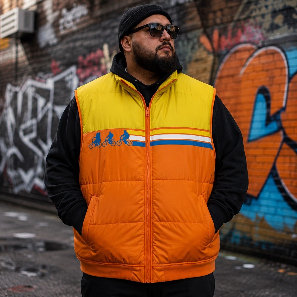 Stranger Things Netflix Vest Mens XXL Orange Yellow Puffer Retro 80s Biker